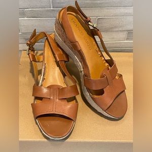 FRANCO SARTO size 7 platform wedges sandals w/ cork/rope bottom & Leather Uppers